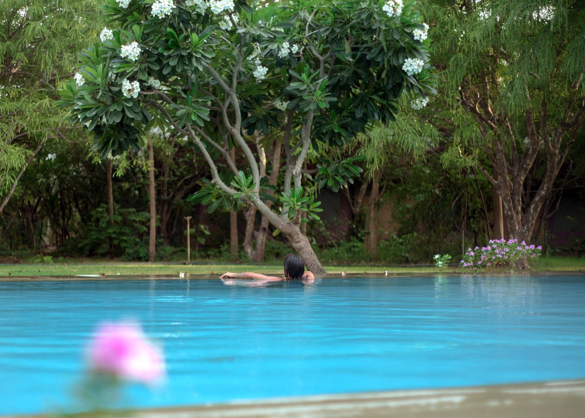 A single swimmer, the pool boundary — solitude