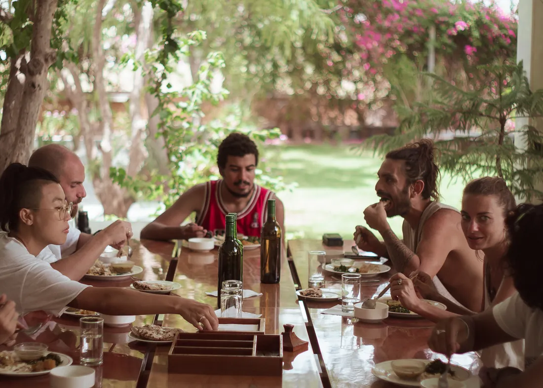 Communal dining at the farm