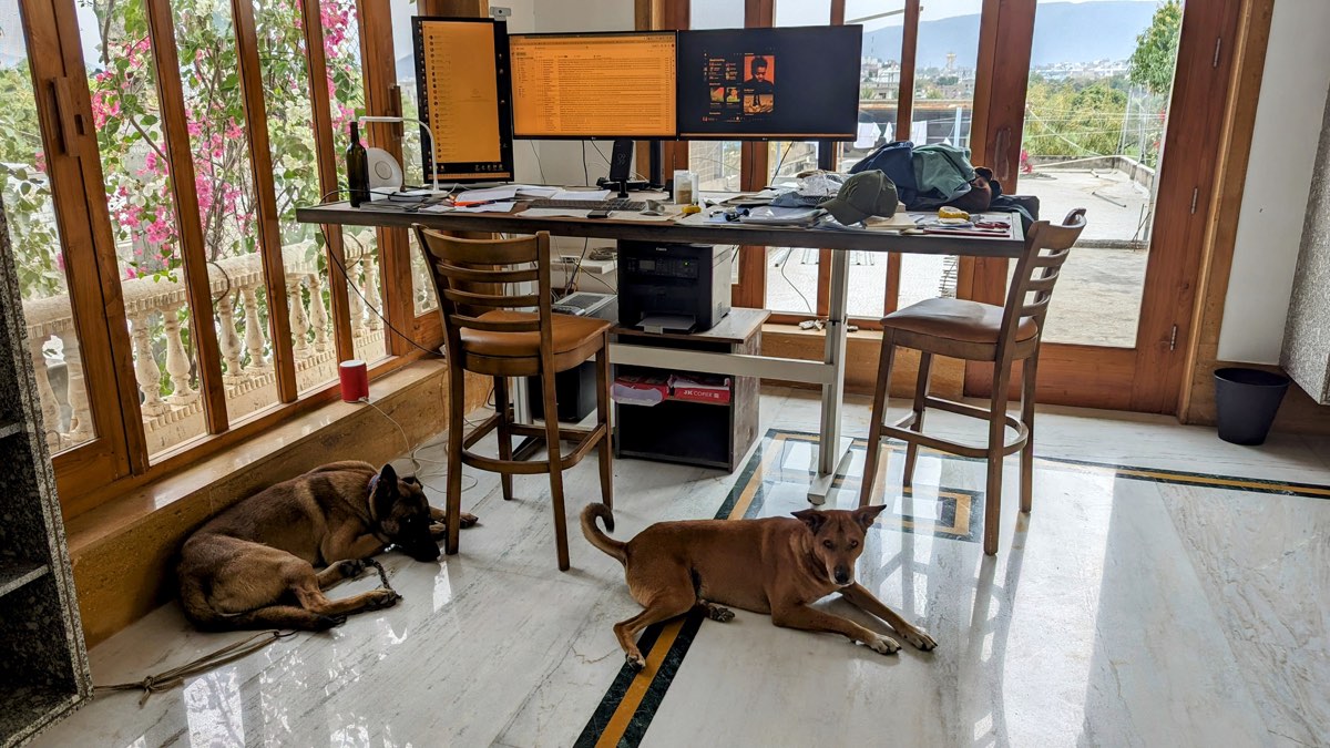 Work desk inside a garden-facing room